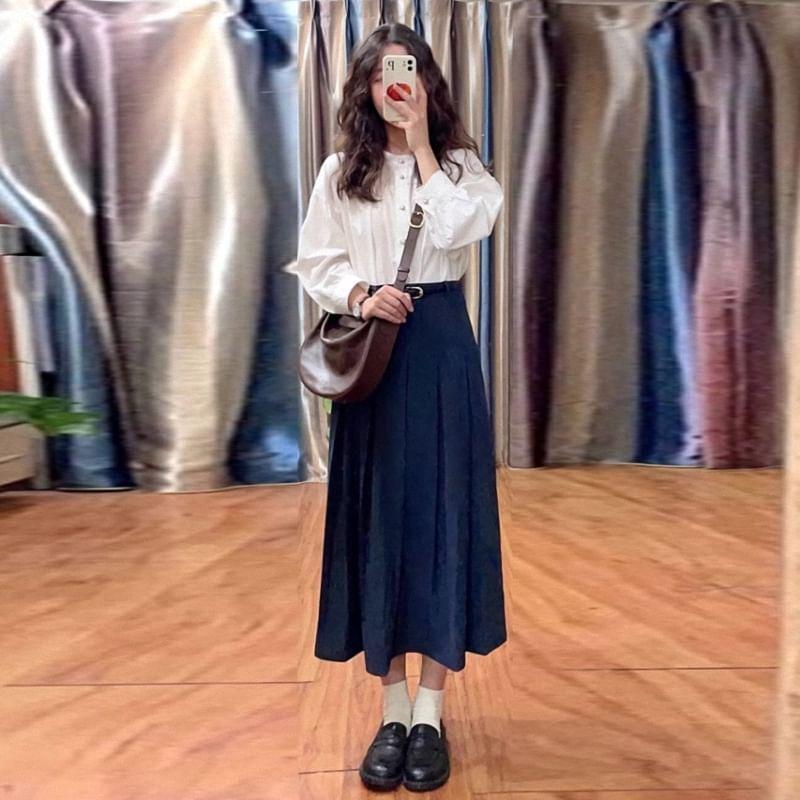 Long Sleeve Band Collar Plain Blouse Product Image