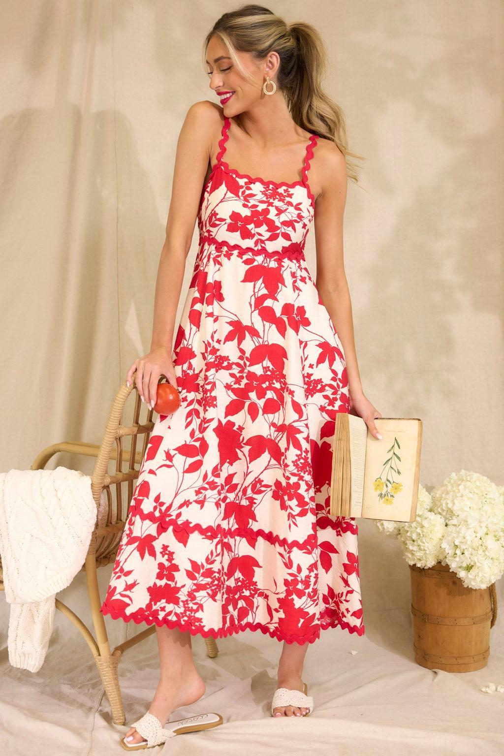 Cherry Blossom Bliss Red Floral Midi Dress Product Image