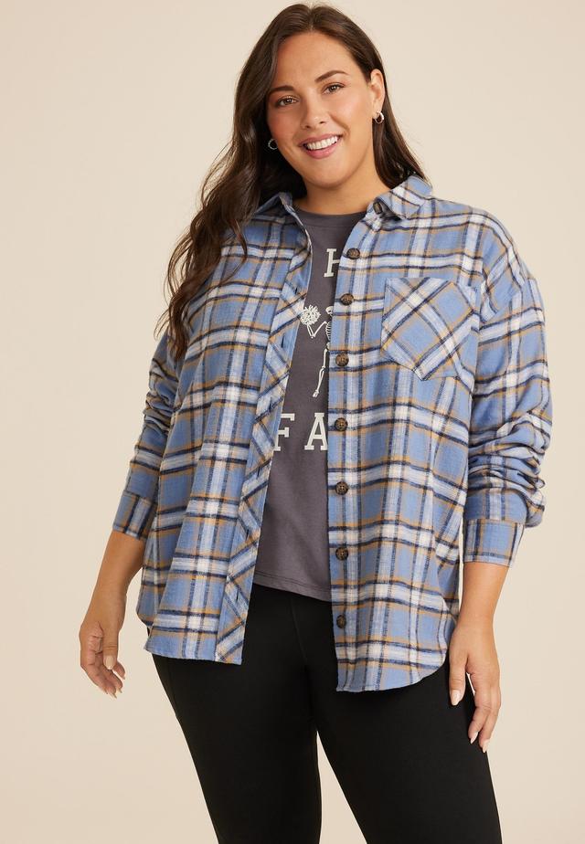 Maurices Plus Size Womens Plaid Game Day Graphic Back Oversized Button Down Shirt Blue Size 3X Product Image