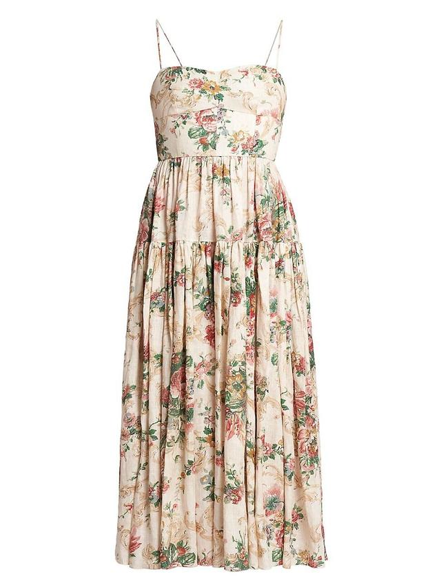 Womens Pleated Floral Linen Midi-Dress Product Image