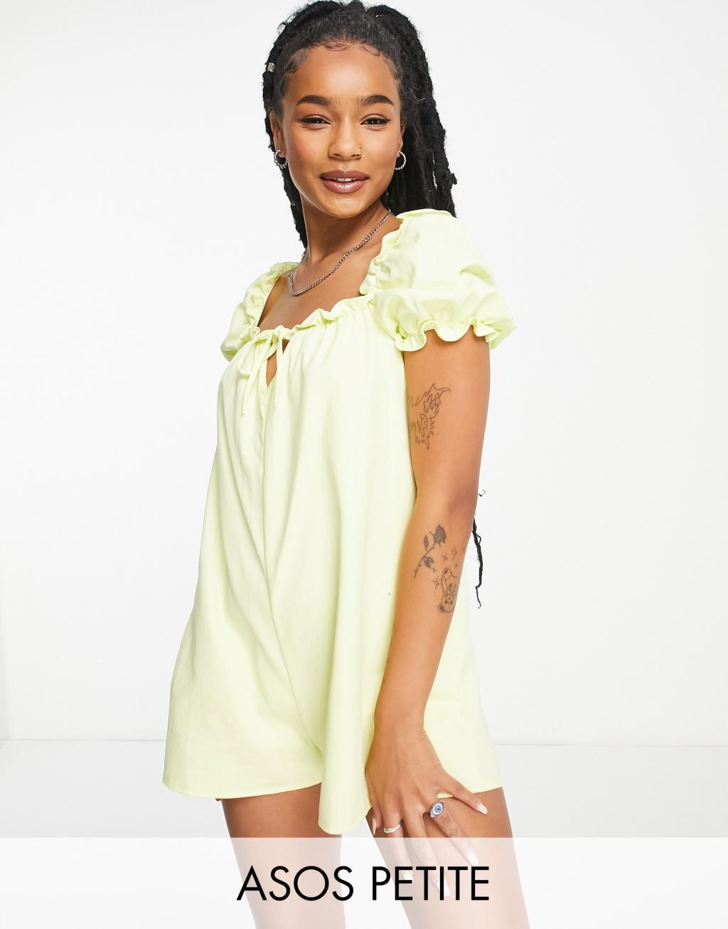 ASOS DESIGN Petite twill puff sleeve smock romper in lemon Product Image