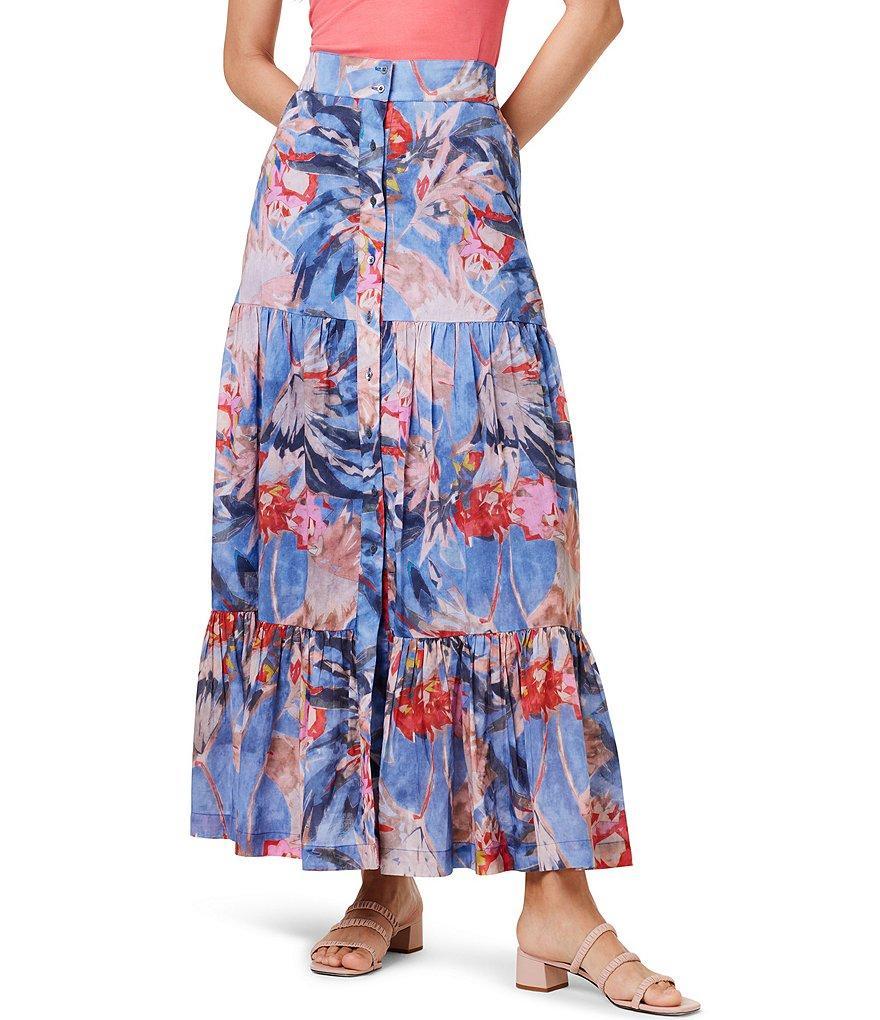 NIC + ZOE Dreamscape Floral Print Tiered Button Front A-Line Maxi Skirt product image