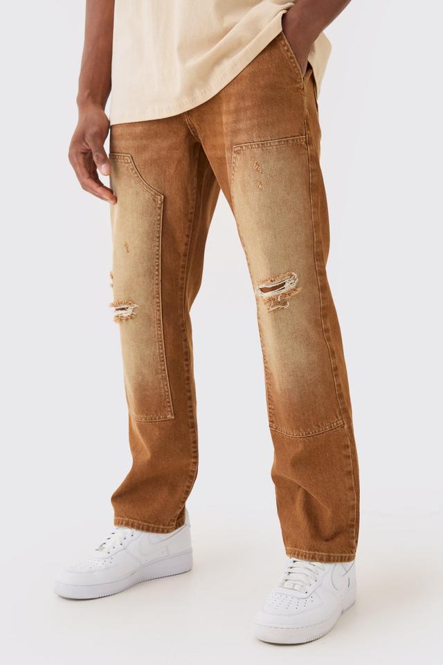 Relaxed Rigid Ripped Carpenter Denim Jean In Brown | boohooMAN USA Product Image