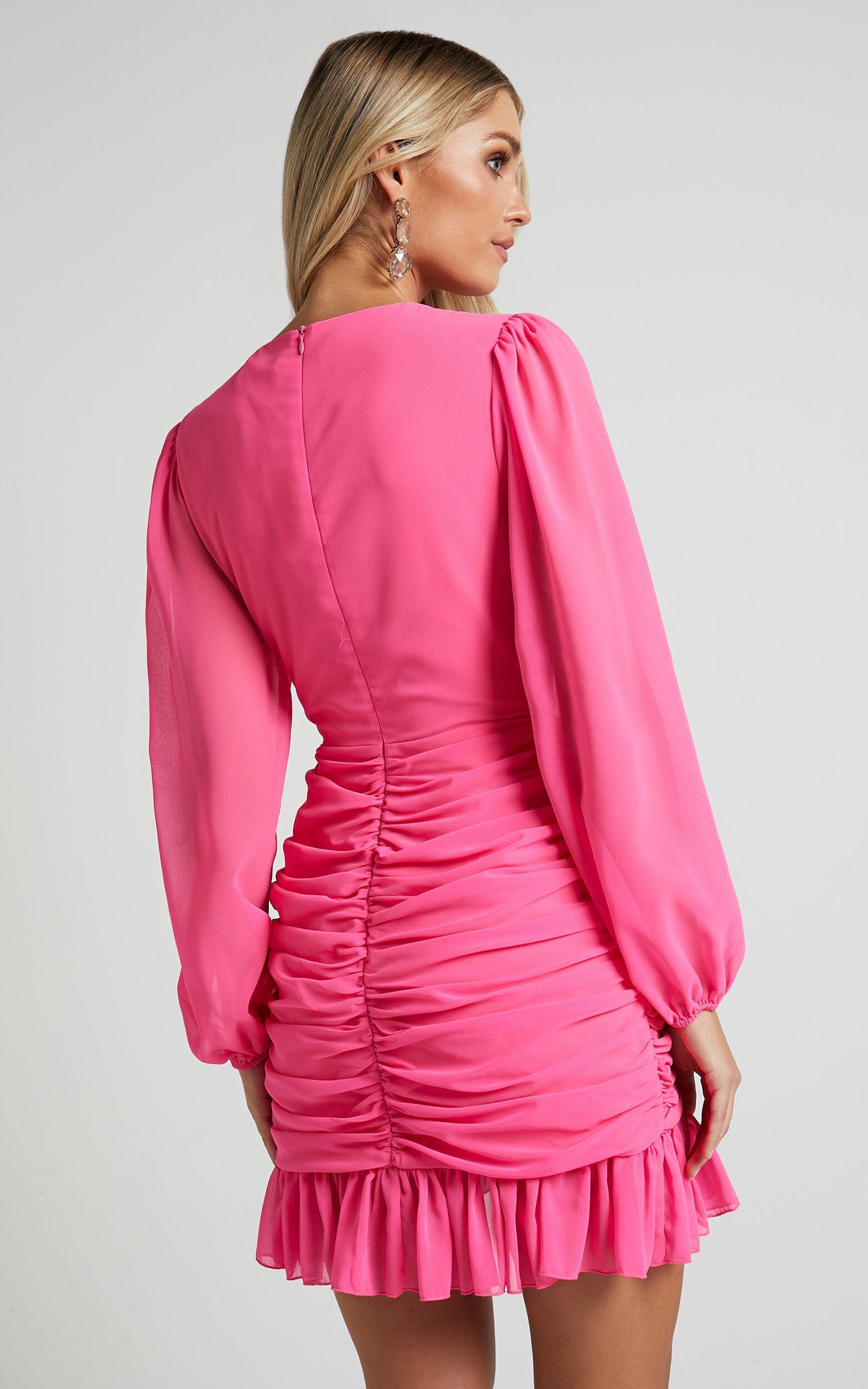 Can I Be Your Honey Mini Dress - Plunge Balloon Sleeve Dress in Hot Pink Product Image