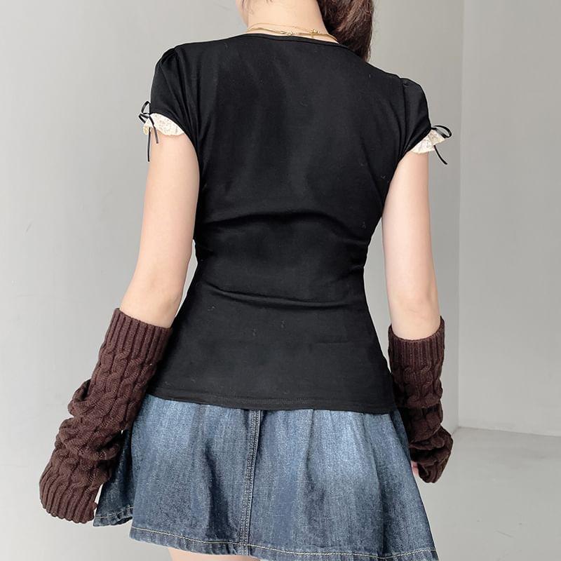 Short Sleeve / Long Sleeve Mock Two Piece Lace-Panel Tie-Front Crop Top Product Image