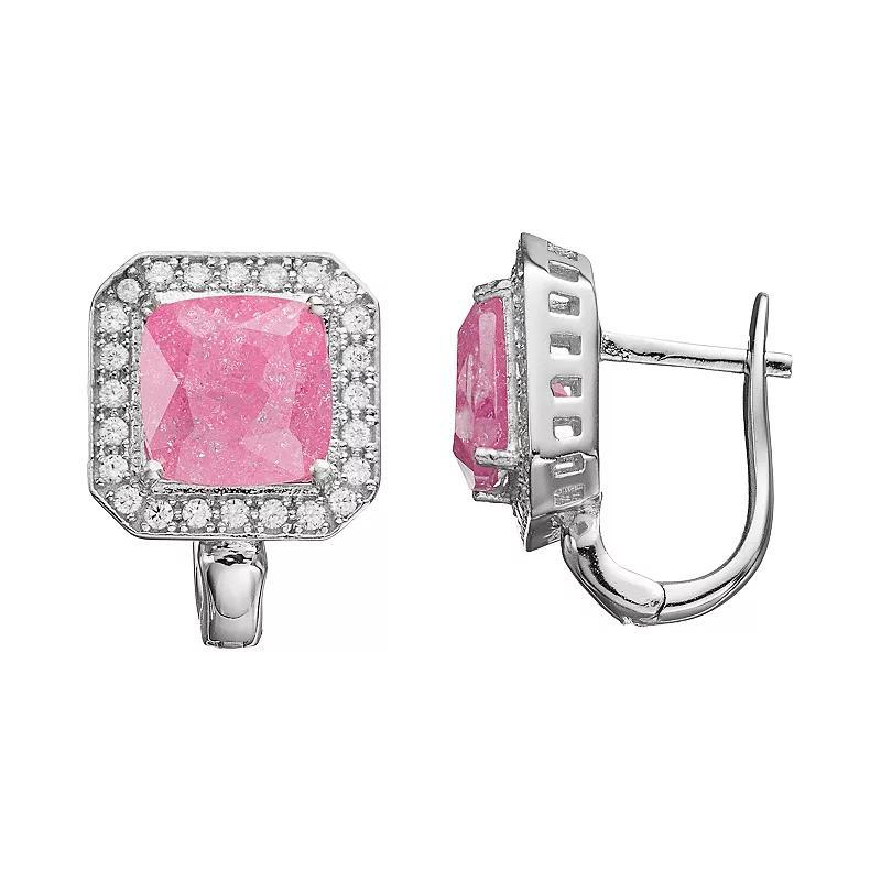 Sterling Silver Cubic Zirconia Square Halo Earrings, Womens, Pink Product Image