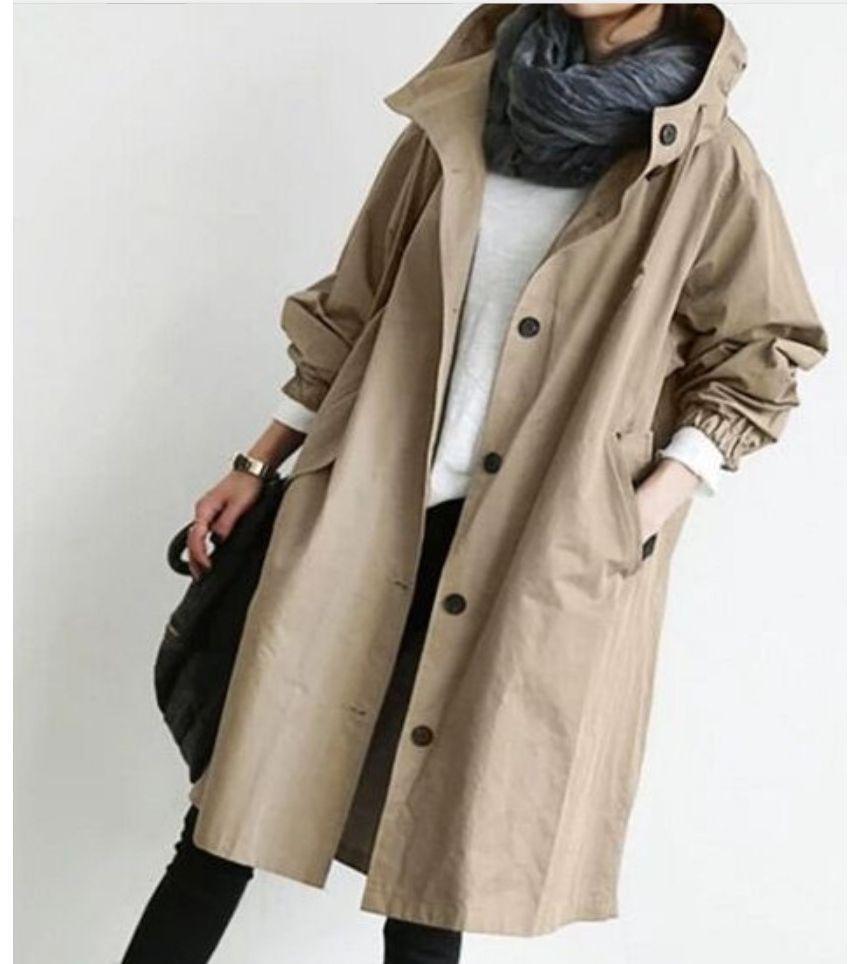 Plain Hooded Long Single-Breasted Trench Jacket Product Image