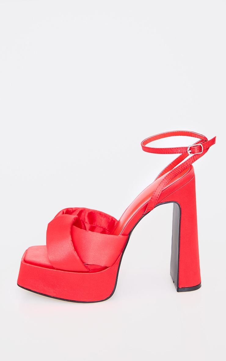 Wide Fit Red Satin Square Toe Cross Strap Platform Heeled Sandals Product Image