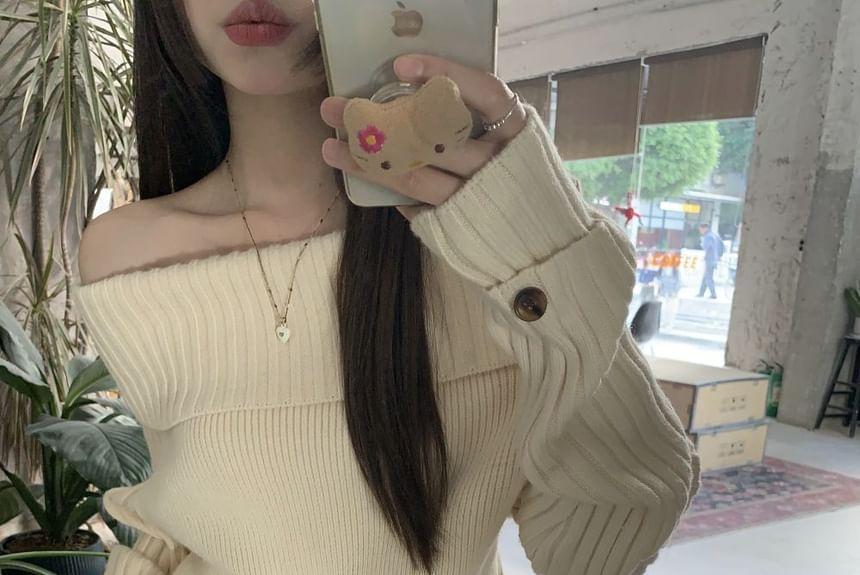 Long-Sleeve Off-Shoulder Plain Ribbed Knit Top Product Image