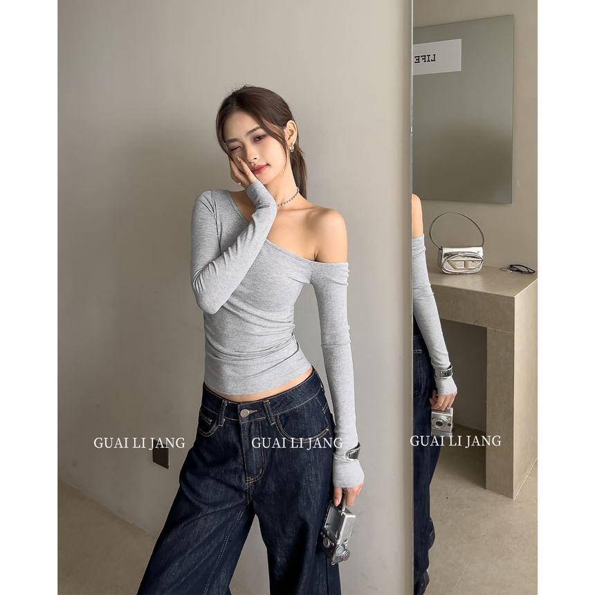 Long Sleeve One Shoulder Plain Top Product Image