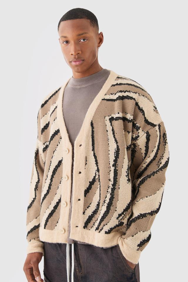 Mens Beige Boxy Oversized Brushed Abstract All Over Jacquard Cardigan, Beige Product Image