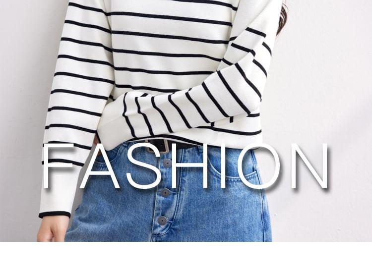 Long-Sleeve Collared Striped Contrast Trim Cutout Knit Top Product Image