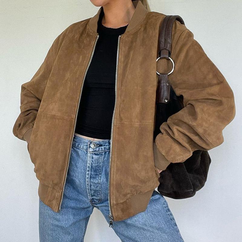 Faux Suede Zip Bomber Jacket product image