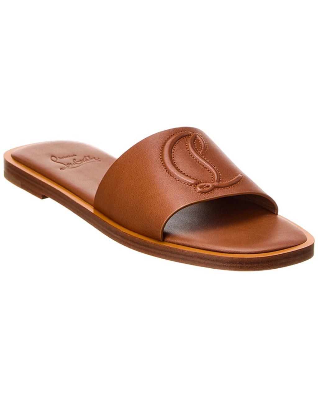 Leather Logo Red Sole Slide Sandals In Brown product image