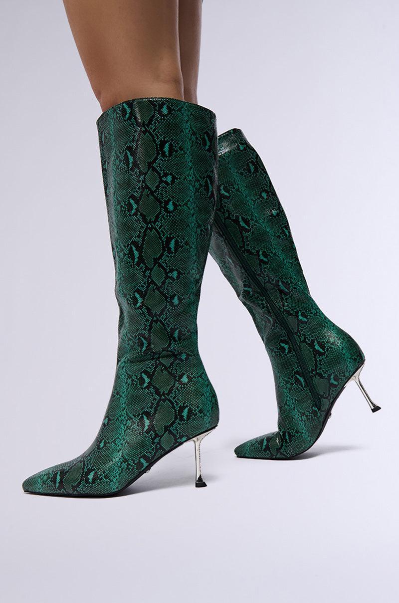 AZALEA WANG JACARANDA GREEN SNAKE EMBOSSED EMBELLISHED HEEL BOOT Product Image