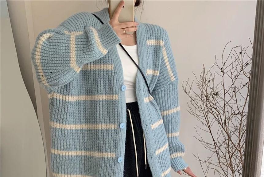 V-Neck Striped Button Up Oversized Cardigan Product Image