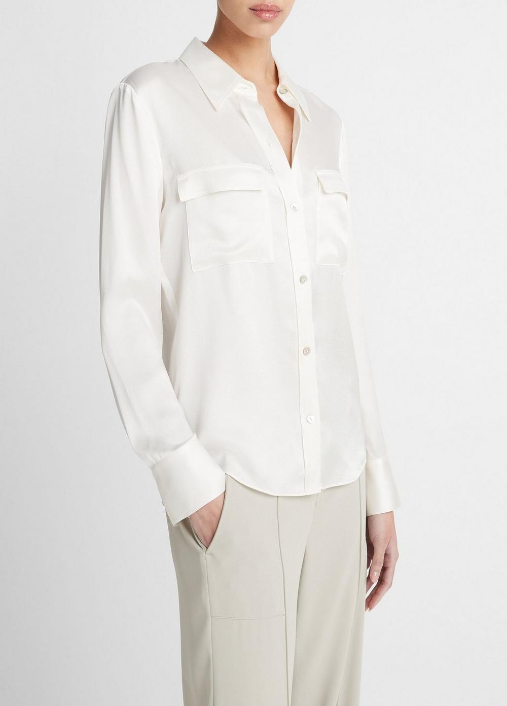 Silk Chest-Pocket Long-Sleeve Blouse Product Image