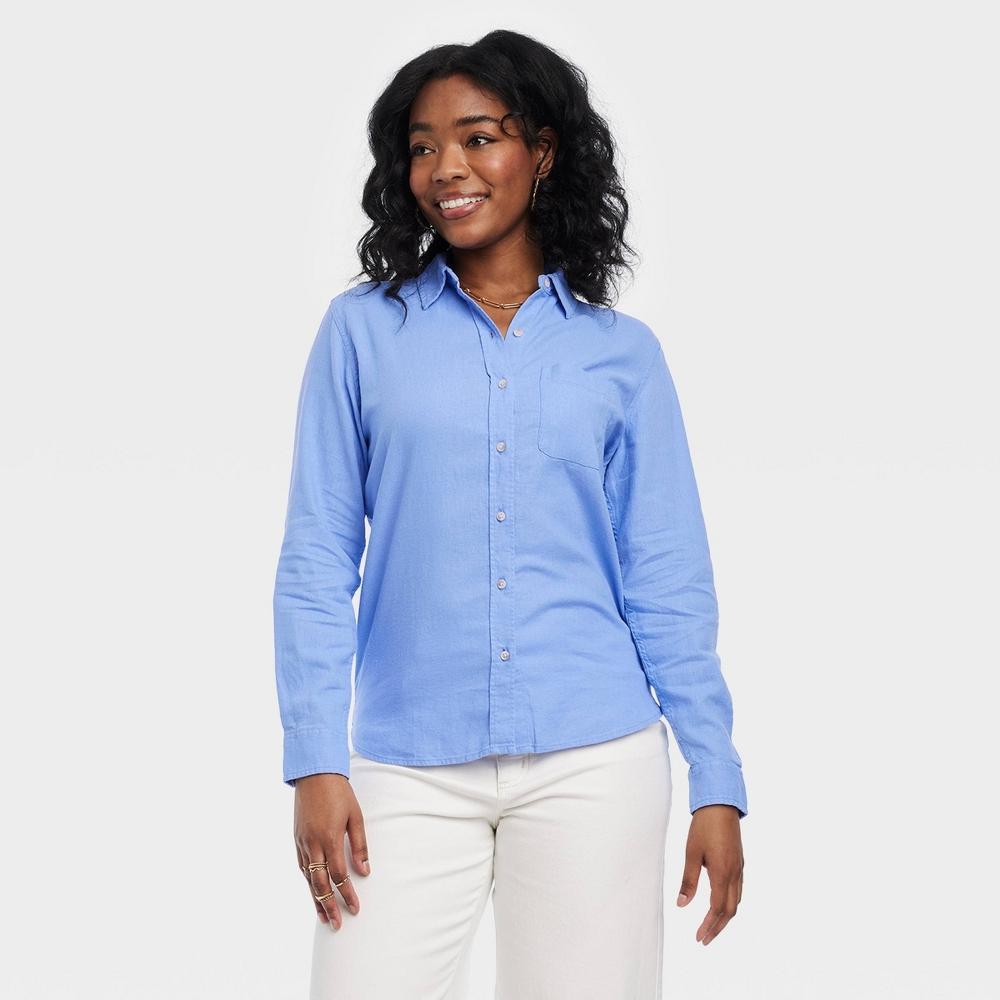 Womens Linen Long Sleeve Collared Button-Down Shirt - Universal Thread Blue M Product Image