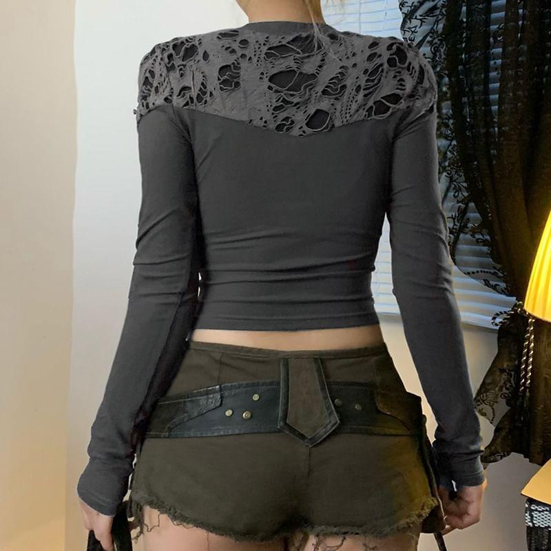 Long Sleeve Cut-Out Distressed Slim-Fit Crop Top Product Image