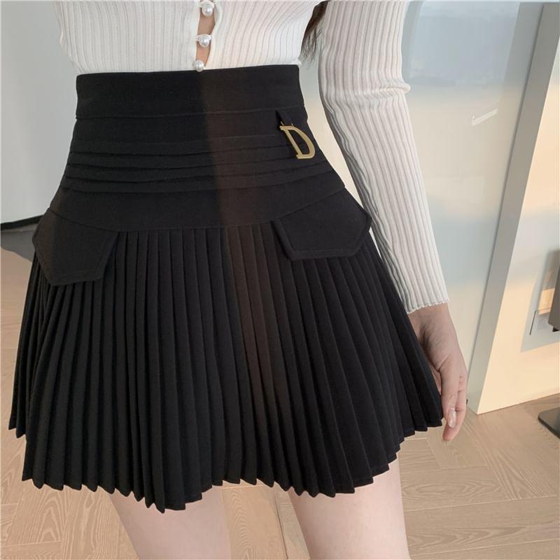 High Waist Lettering Accordion Pleat Mini A-Line Skirt Product Image