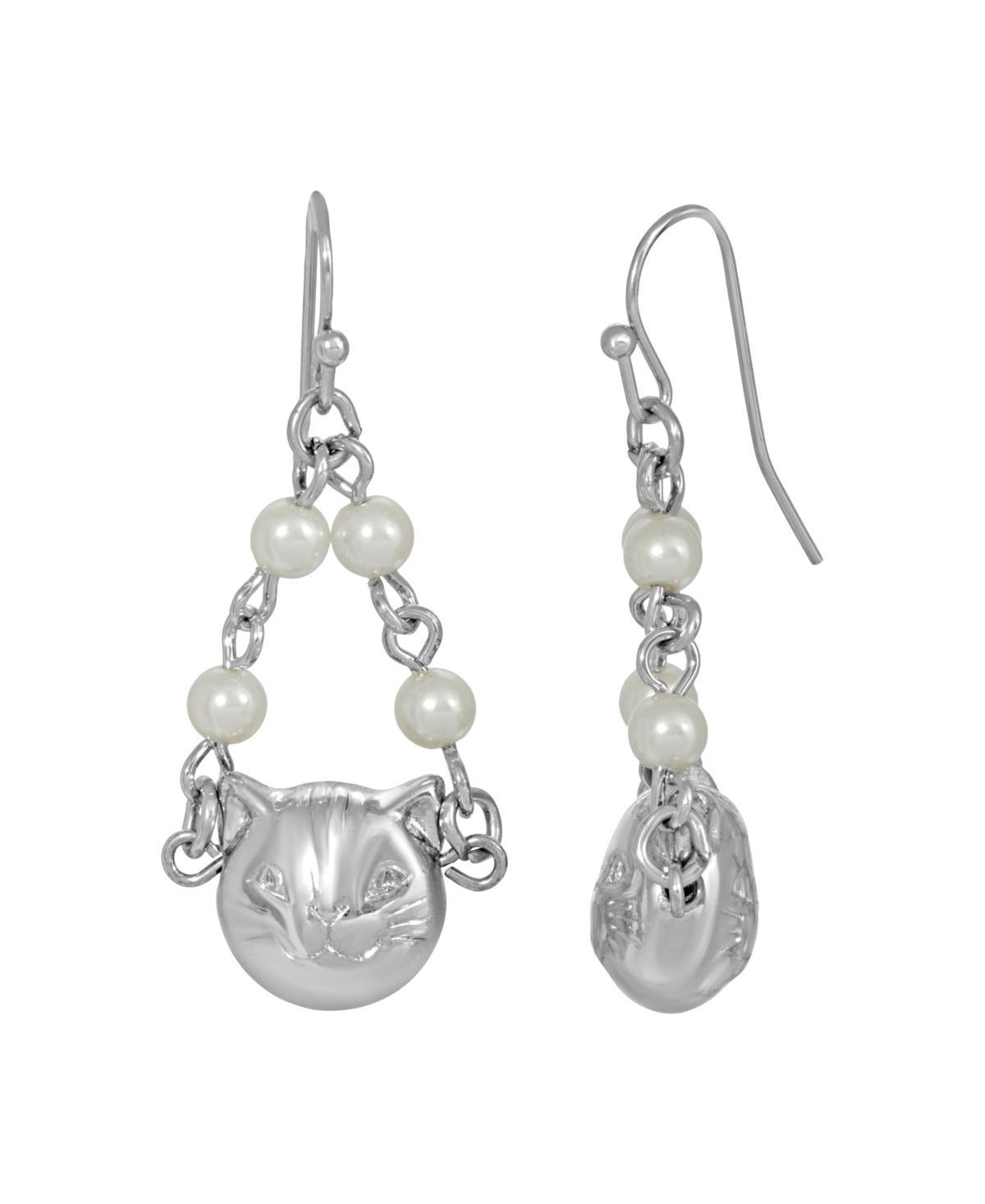 1928 Silver Tone Cat Faux Pearl Drop Earrings, Womens, White Product Image