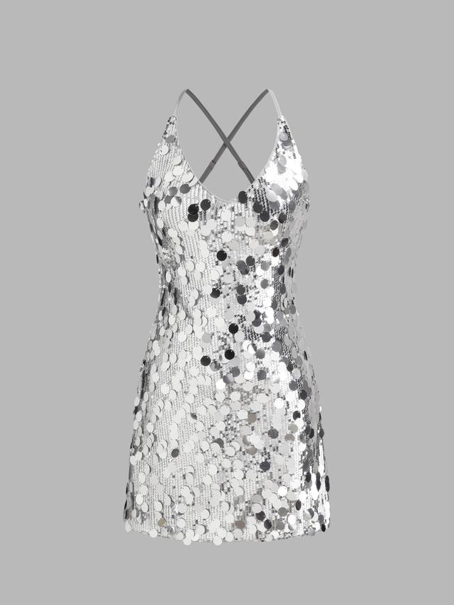 Sequins U-neckline Criss Cross Mini Dress Product Image