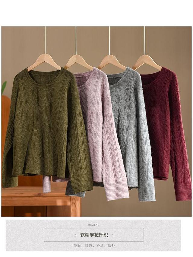 Crew Neck Plain Cable-Knit Sweater Product Image