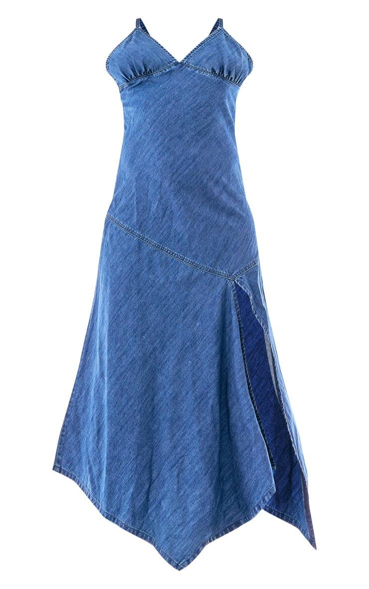 Indigo Blue Wash Lightweight Split Hem Denim Handkerchief Dress Product Image