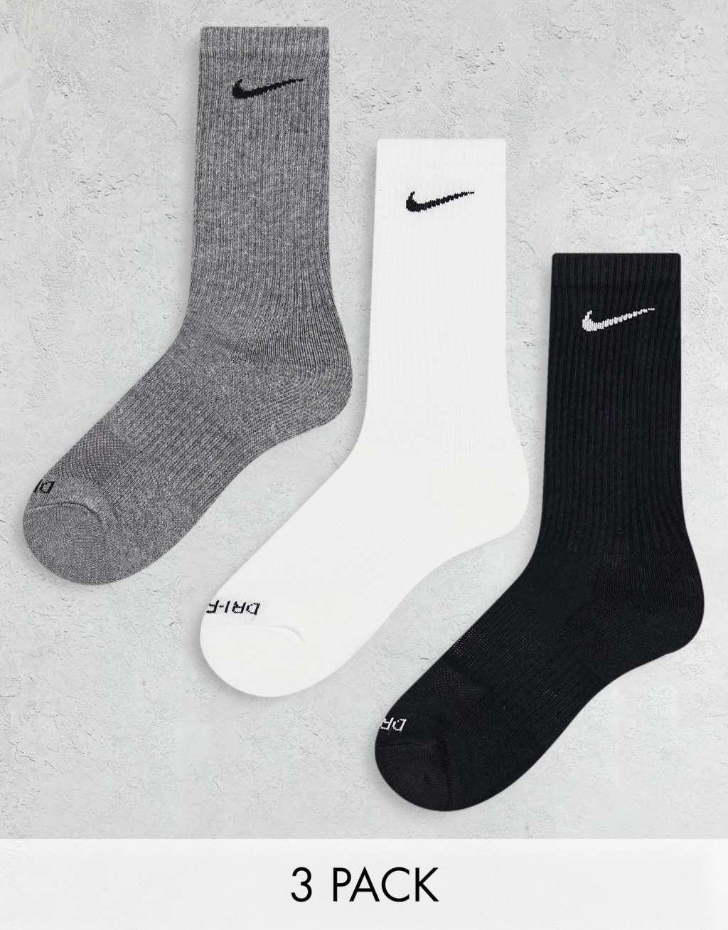 Nike Training Everyday Plus Cushioned 3 pack crew socks in white, gray and black Product Image