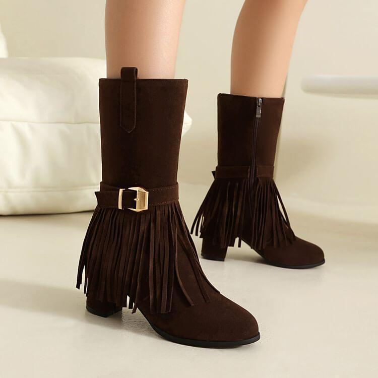 Chunky Heel Plain Fringed Buckled Mid-Calf Boots product image