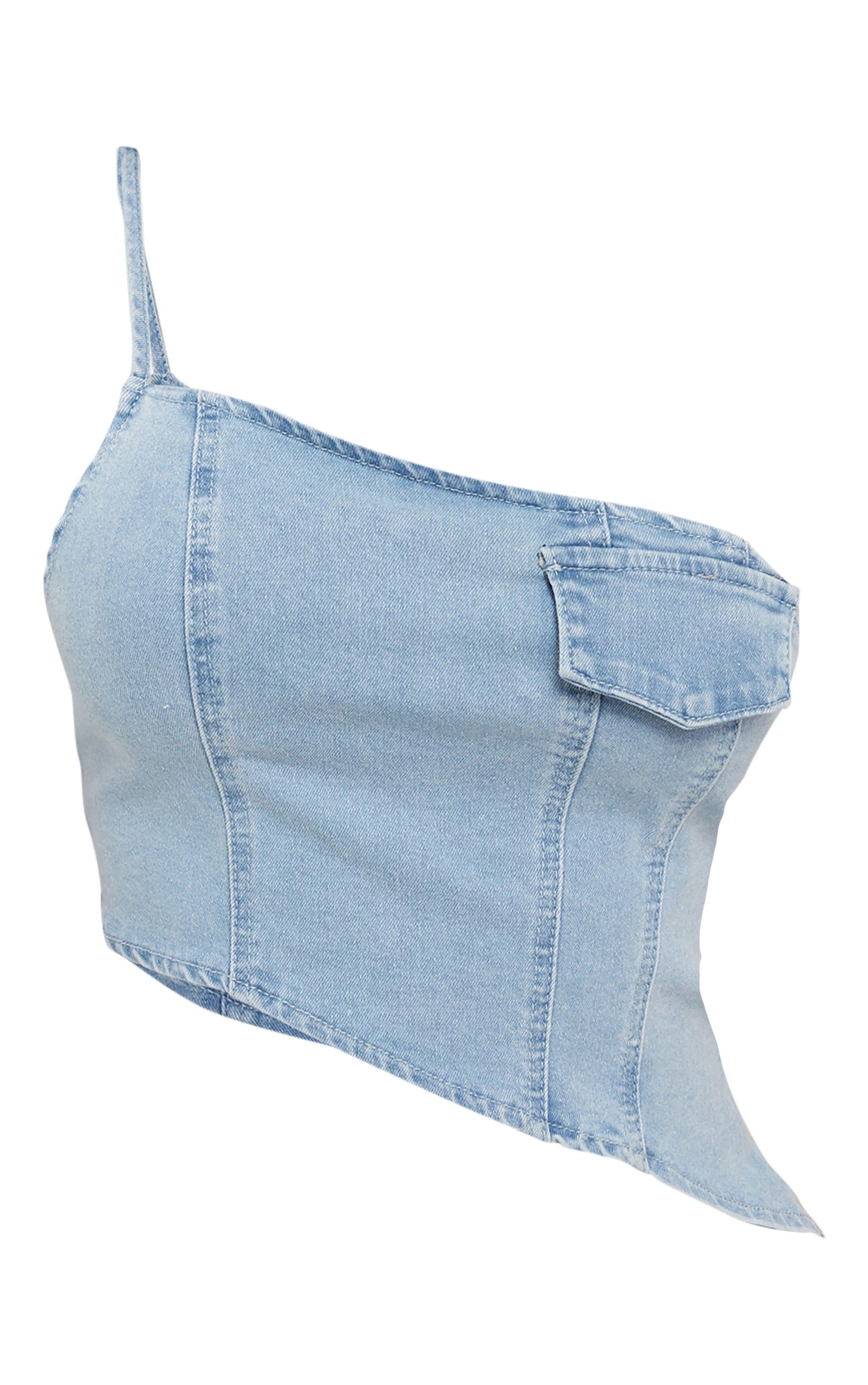 Shape Light Blue Denim One Shoulder Asymmetric Seam Detail Crop Top Product Image