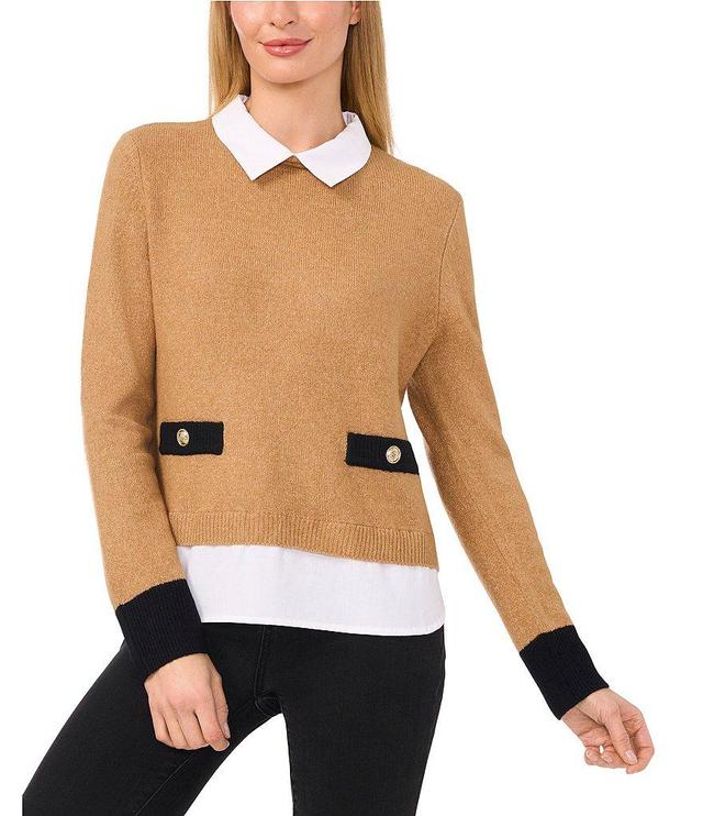 CeCe Knit Jersey Twofer Point Collar Long Sleeve Sweater Blouse Product Image