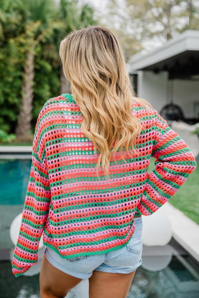 Chasing Rainbows Pink And Green Crochet Sweater FINAL SALE Product Image