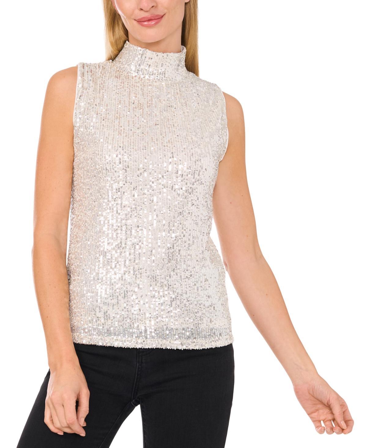 CeCe Womens Sequined Mock-Neck Top Product Image