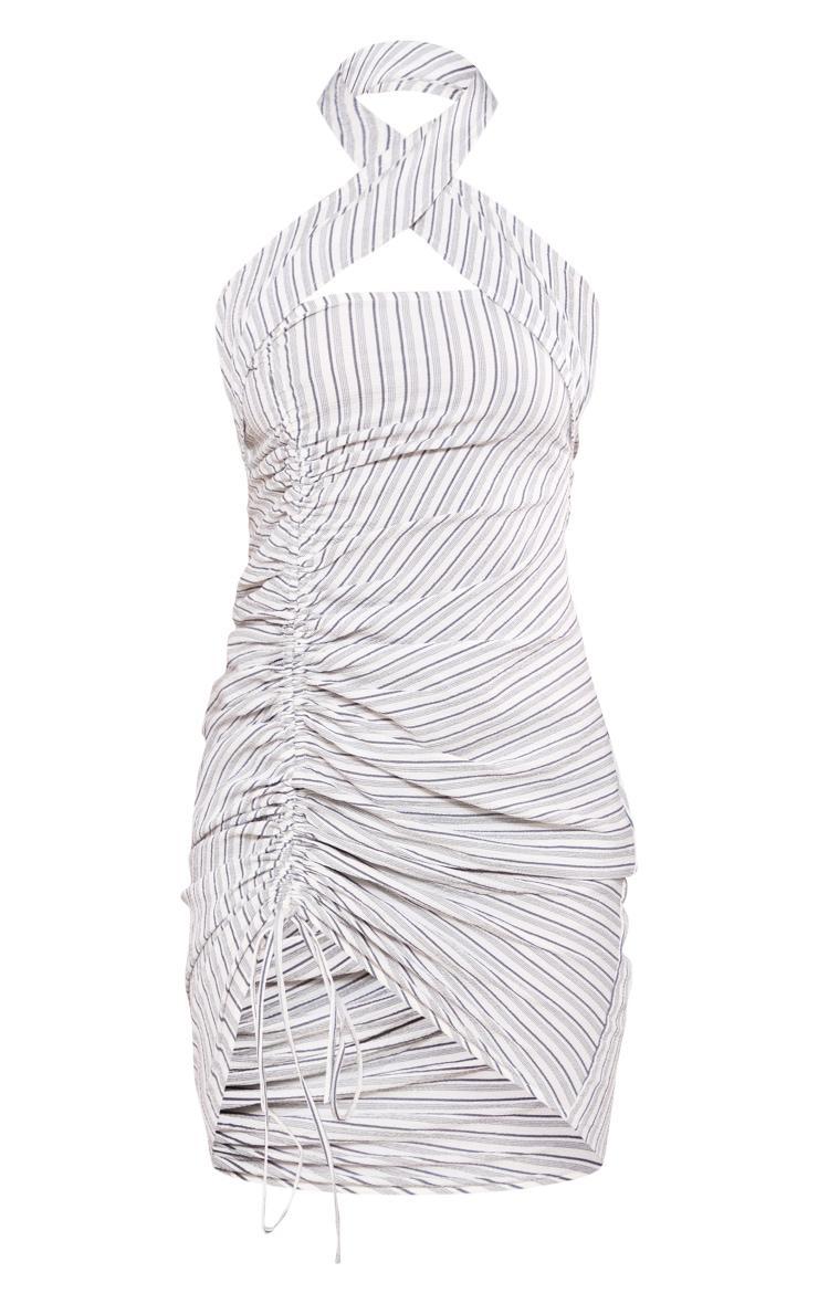 Petite Grey Stripe Textured Wrap Neck Ruched Bodycon Dress Product Image