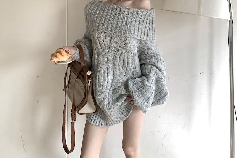 Off-Shoulder Plain Cable-Knit Oversized Sweater Product Image