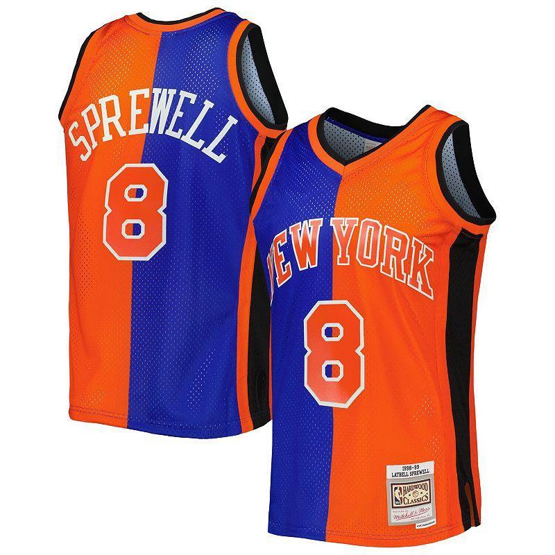 Mens Mitchell & Ness Latrell Sprewell Blue/Orange New York Knicks Hardwood Classics 1998-99 Split Swingman Jersey Product Image