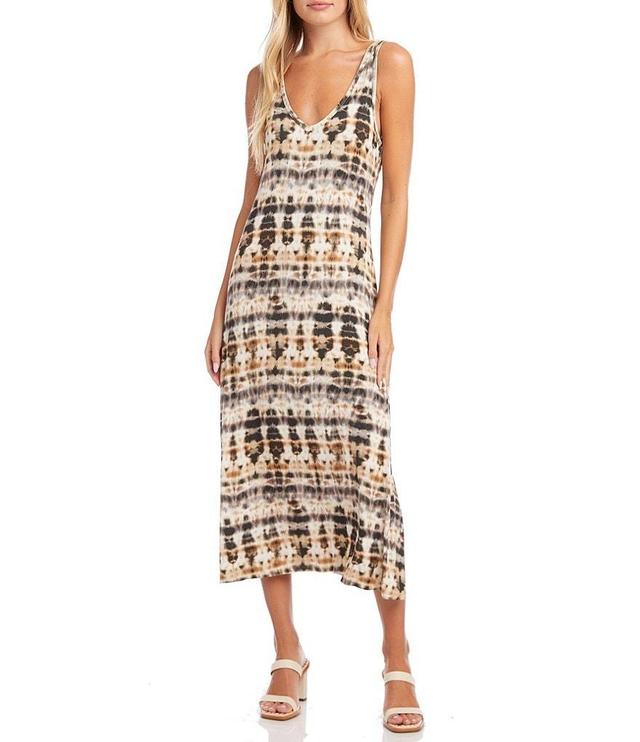 Karen Kane Tie Dye Print Jersey Knit Deep V-Neck Sleeveless Midi Dress Product Image