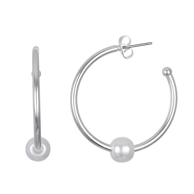 Emberly Silver Tone Simple Simulated Pearl Hoop Earrings, Womens Product Image