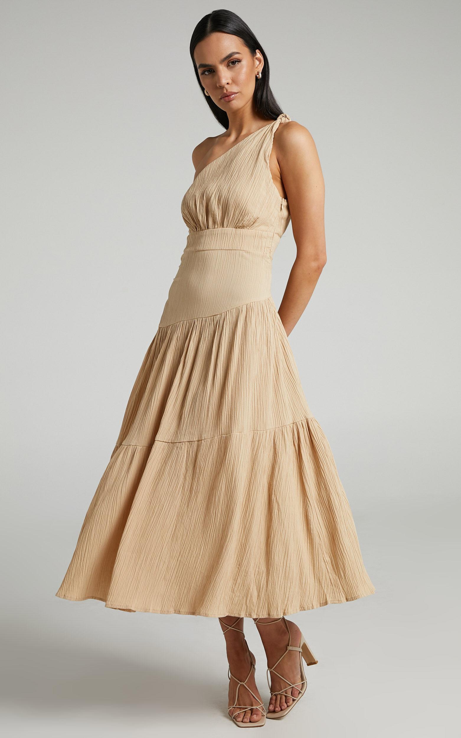 Celestia Midi Dress - Tiered One Shoulder Dress in Sand Product Image