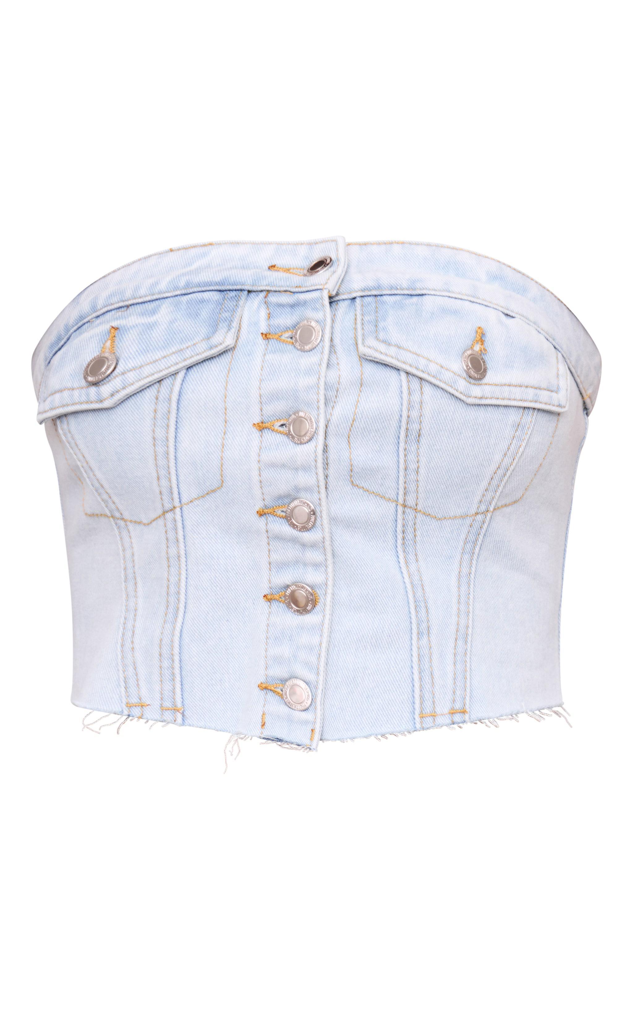 Light Blue Wash Pocket Detail Cropped Denim Corset Top Product Image