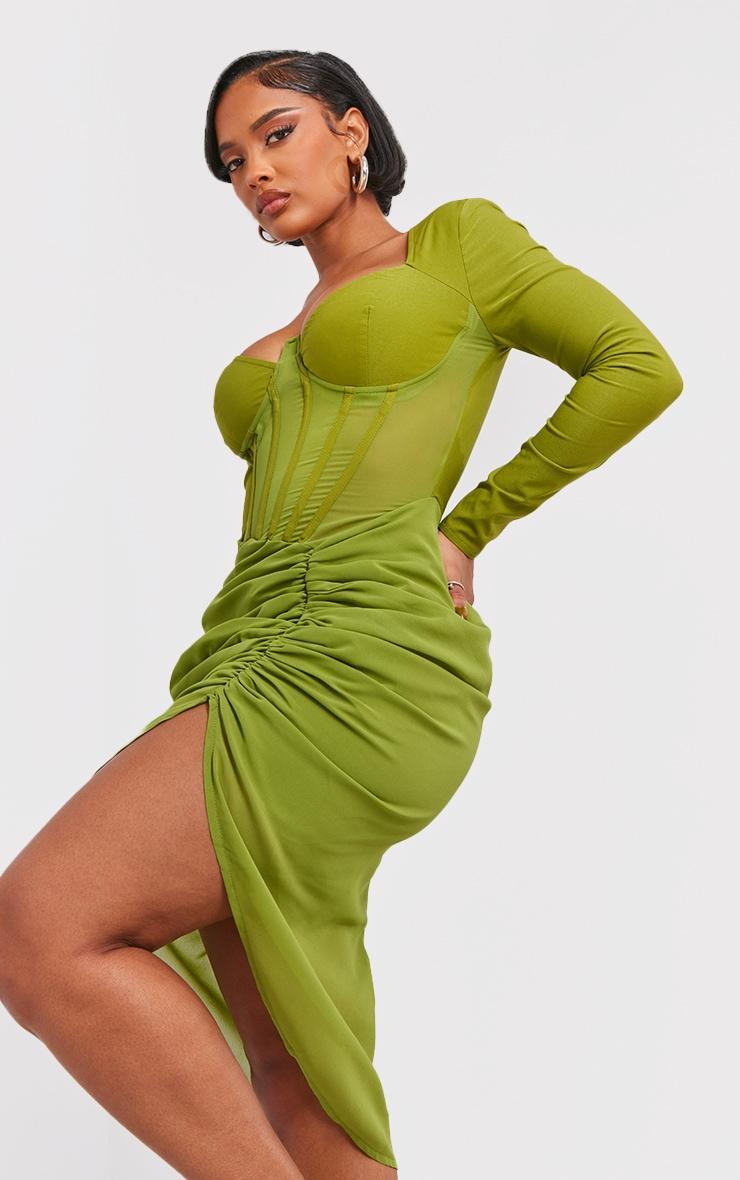 Shape Olive Corset Detail Long Sleeve Ruched Midi Dress Product Image