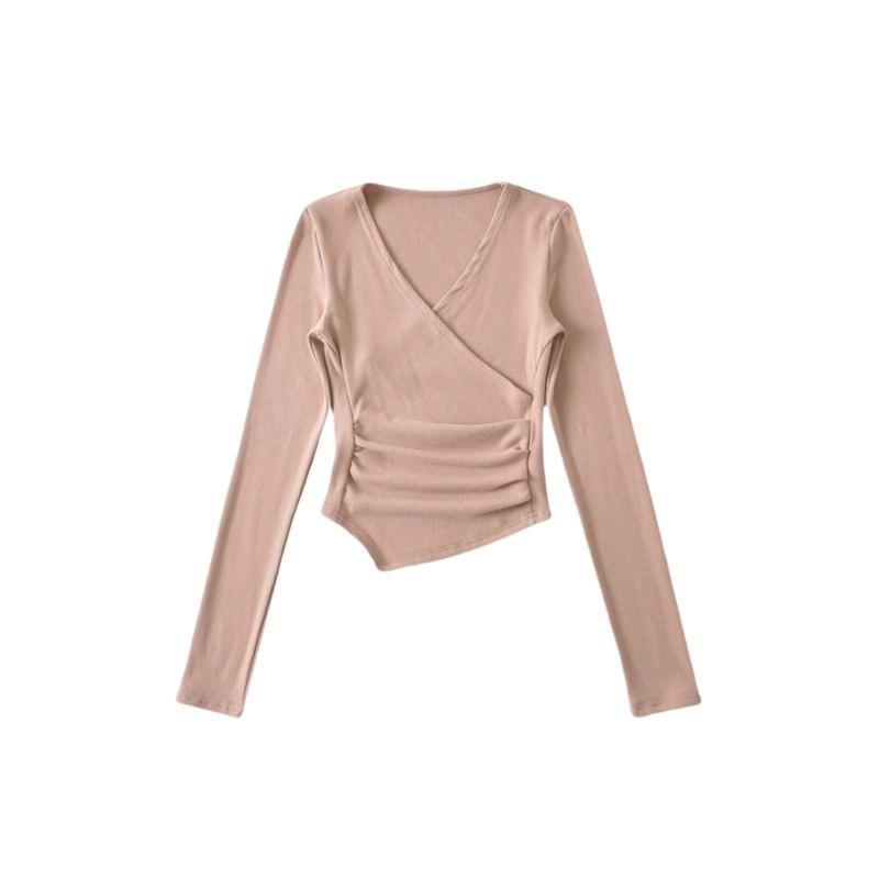 Long-Sleeve V-Neck Plain Asymmetrical Ruched Slim Fit Crop T-Shirt Product Image