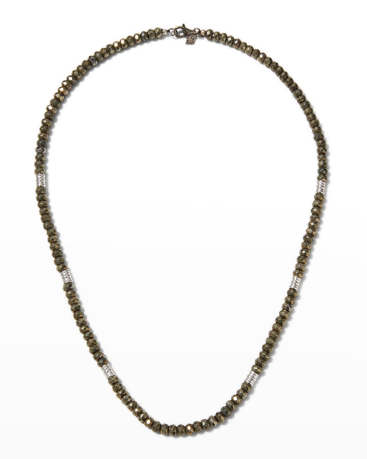 Mens Sterling Silver & Pyrite Gemstone Beaded Necklace Product Image