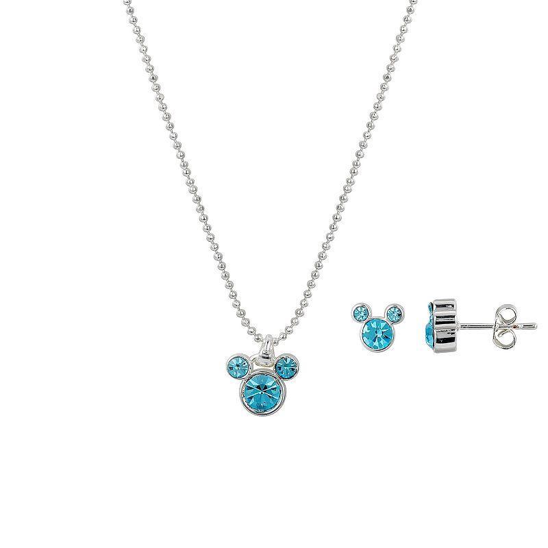 Disneys Mickey Mouse Blue Crystal Silhouette Necklace & Stud Earring Duo Set, Womens Silver Blue Product Image