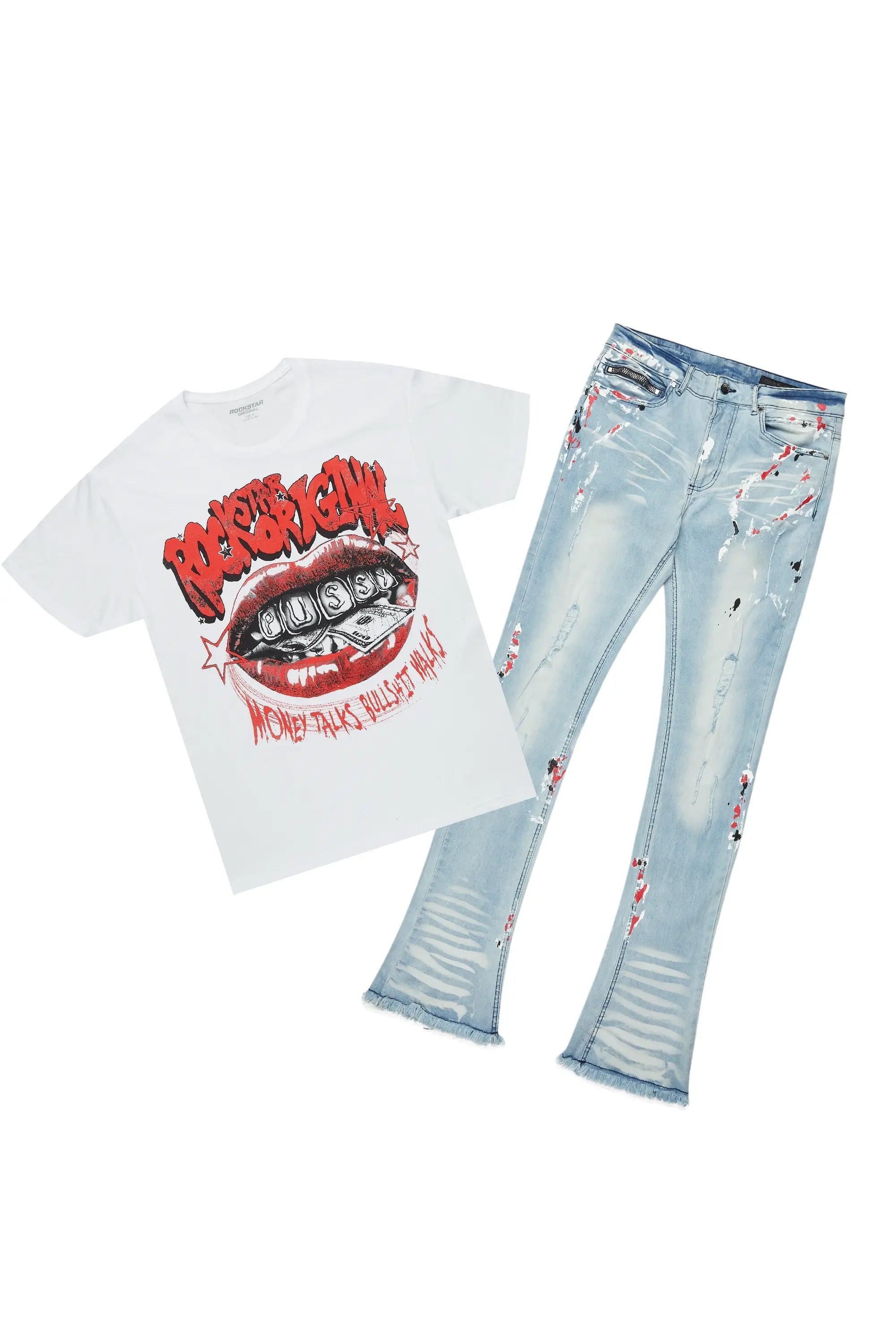 Bloke White/Blue T-Shirt/Stacked Flare Jean Set Male Product Image