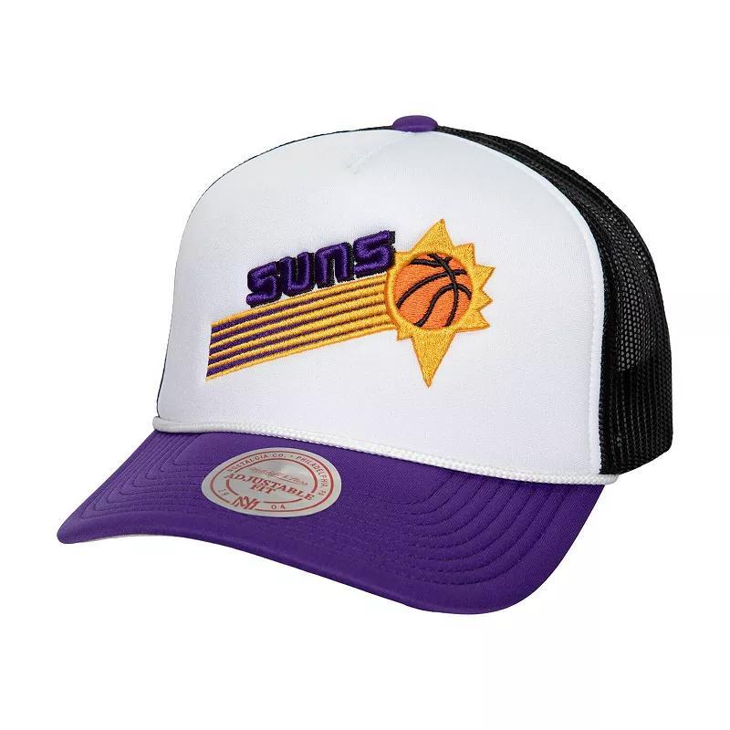 Mens Mitchell & Ness White Phoenix Suns Hardwood Classics Blocker Foam Front Trucker Snapback Hat Product Image