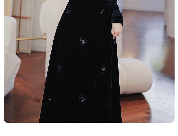 Long Sleeve Square Neck Floral Embroidered Ruffle Panel Velvet Maxi A-Line Dress Product Image