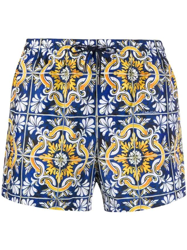 Short Swimming Trunks With Maiolica Print On A Blue Background Product Image