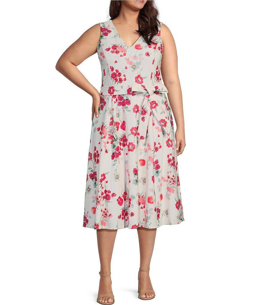 Calvin Klein Plus Size Sleeveless V-Neck Tie Waist Floral Fit And Flare Dress Product Image